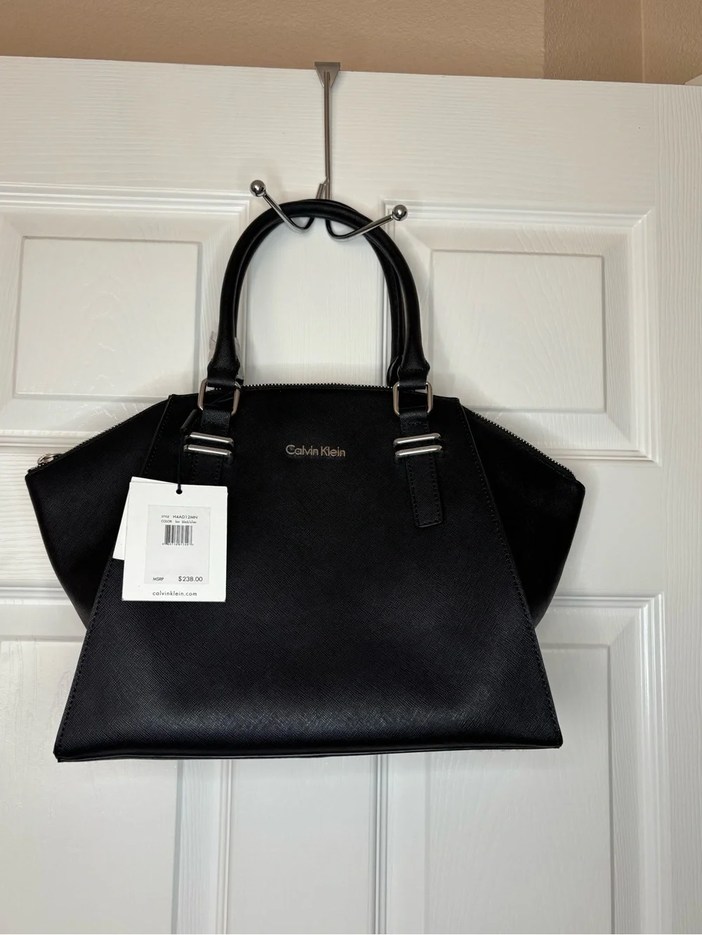 Calvin Klein Black Textured Satchel with Top Handles